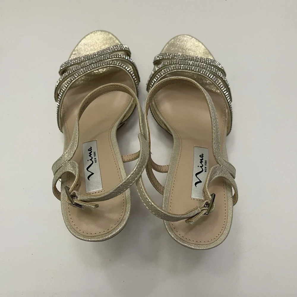 Nina Saralyn Platino Platfom Sandal‎ Heel Size 8 Gold Rhinestone Wedding Holiday
